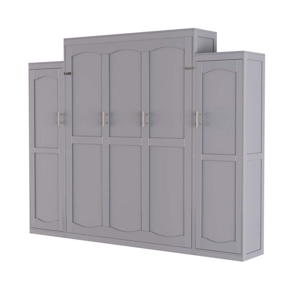 Gray Wood Frame Queen Size Murphy Bed Wall Bed with Wardrobes, Storage Shelves - thumbnail 4