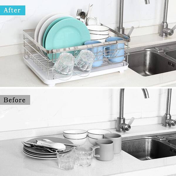 SHCKE Over The Sink Dish Drying Rack Small Over Counter Dish Drainer for  Kitchen Single or Double Sink with Utensil Caddy Knife Cutting Board Holder  201 Stainless Steel Dish Racks 