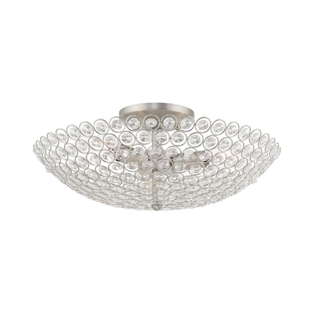 Cassandra Brushed Nickel 3-Light Crystal Bowl Ceiling Mount