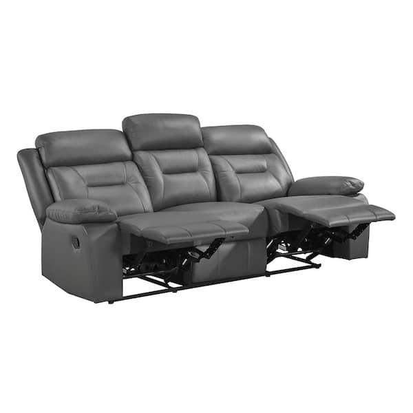Emillia 87 in. W Pillow Top Arm Leather Rectangle Manual Double Reclining Sofa in. Dark Gray