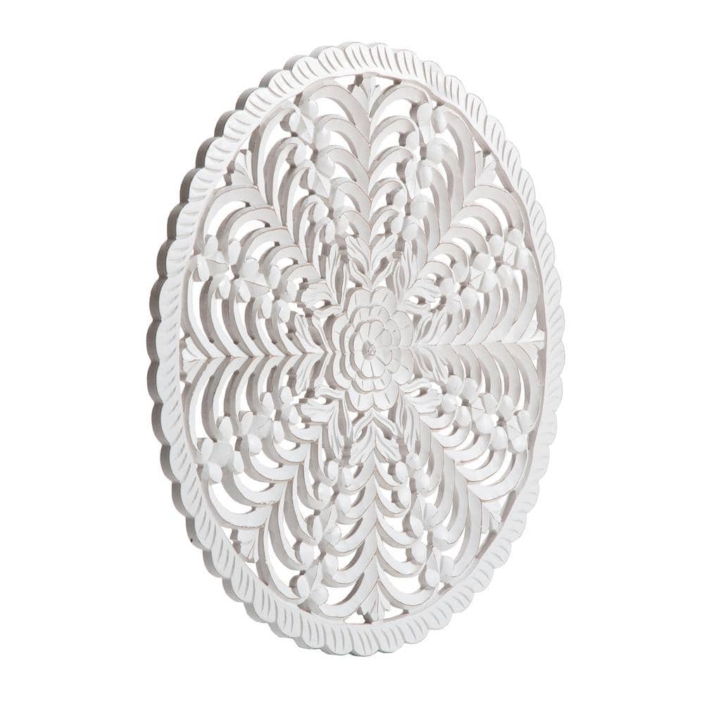 Lottie White Round Wood Bohemian Wall Medallion, 30-Inches