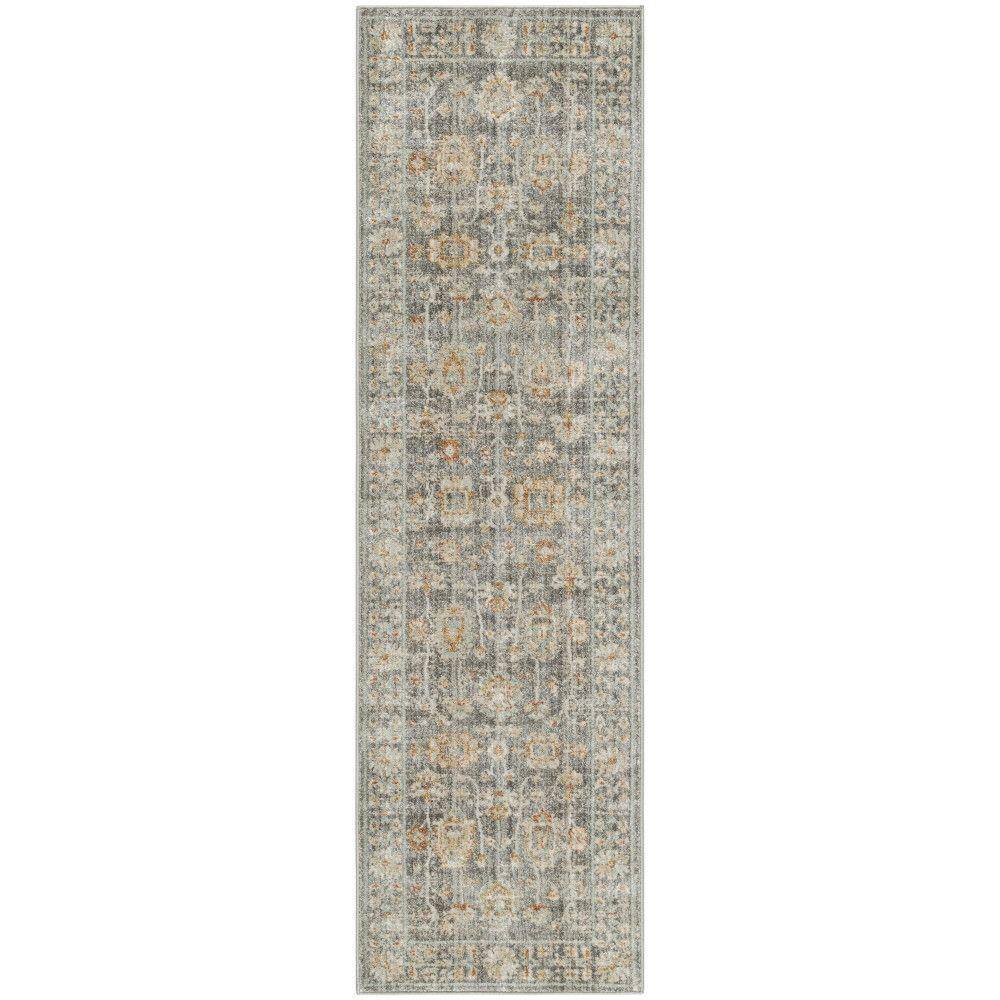 Vintage Gray Synthetic Persian Runner Rug with Fringe Edges