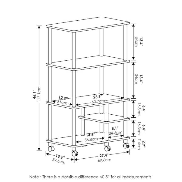 Turn-N-Tube 46 in Tall Amber Pine/Black Wood 4-Shelf Etagere Bookcase with Wheels