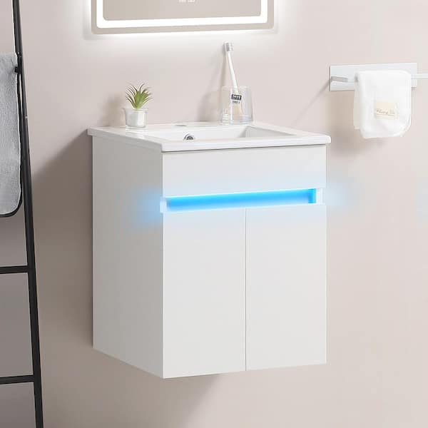16 in. W Single Sink Wall Mounted Bath Vanity in White with White Ceramic Top and Radar Sensing Light