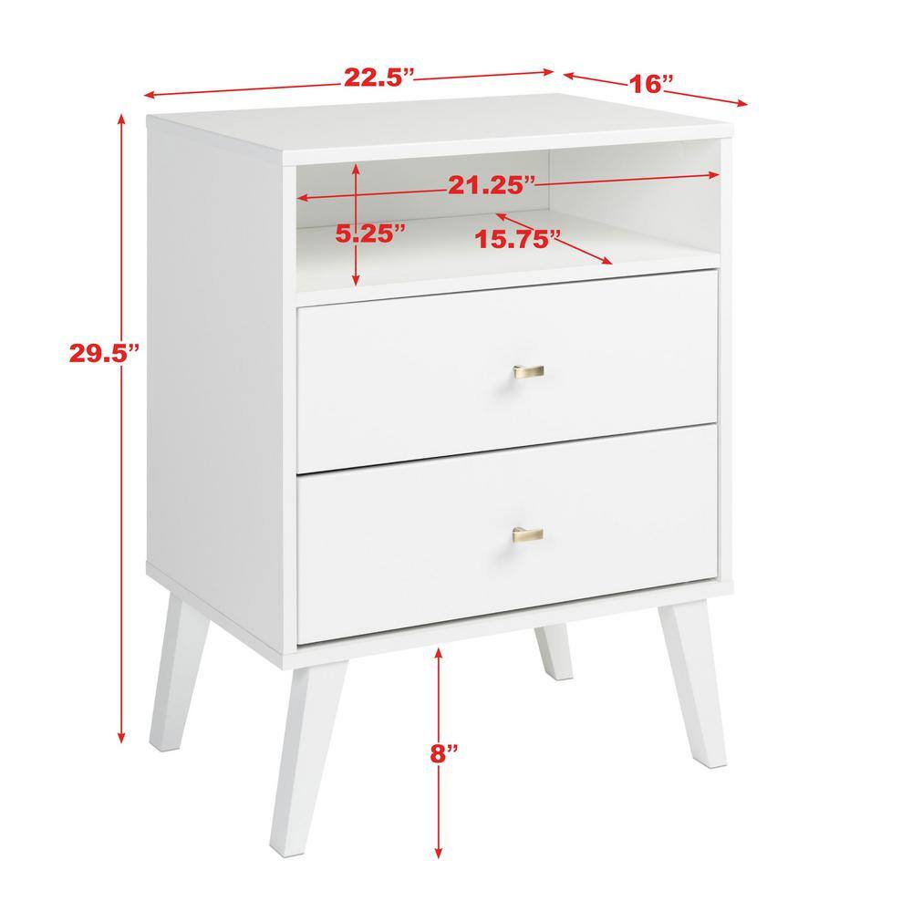 White Mid Century Modern 2 Drawer Nightstand with Shelf