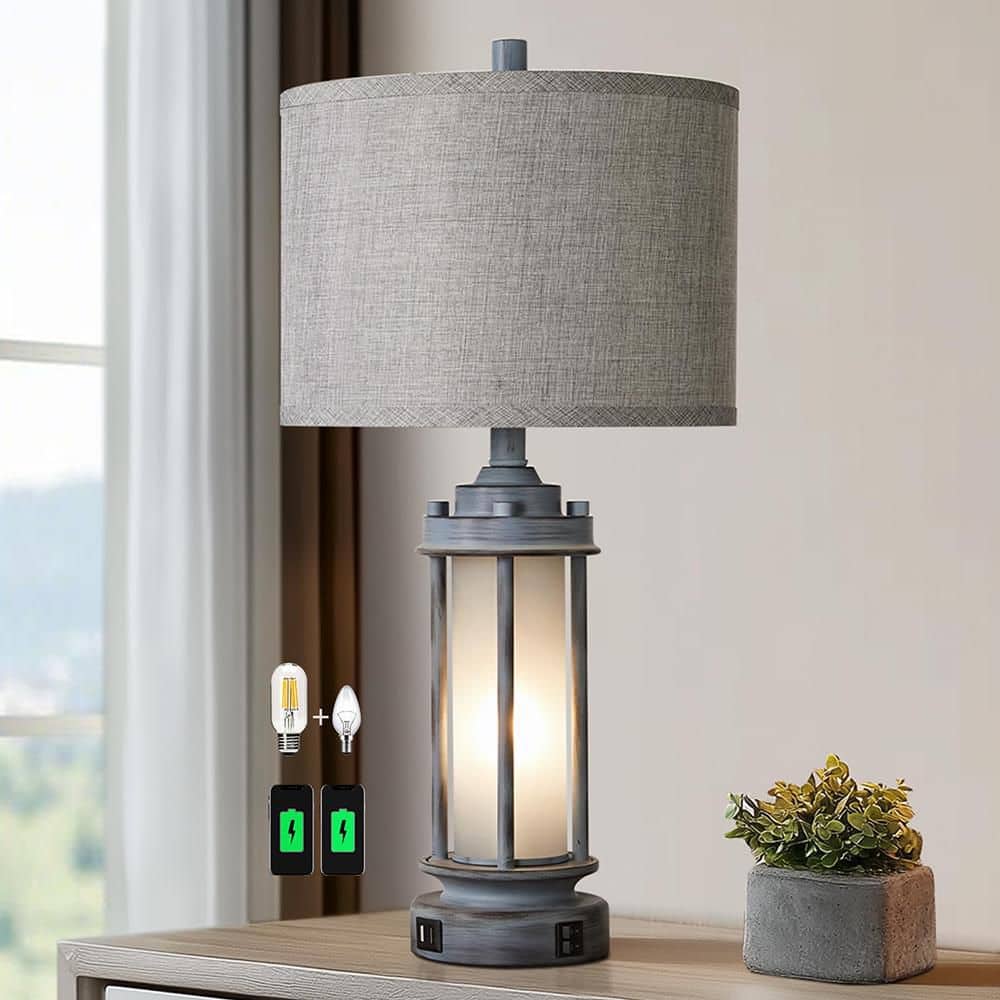 25 in. Gray Rustic Vintage Lantern Table Lamp with 2 Bulbs