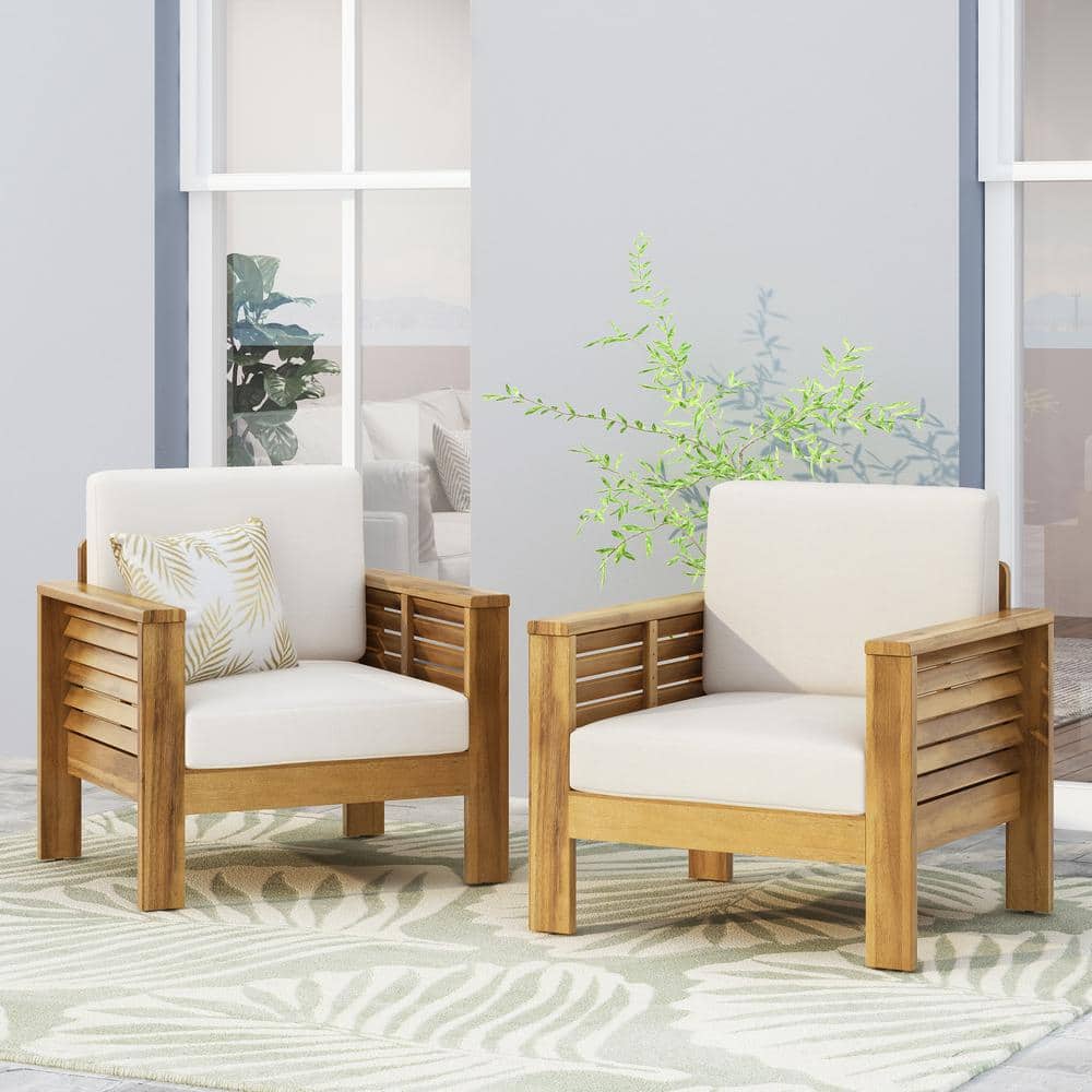 Teak and Cream Wood Lounge Armchair with Water-Resistant Cushions