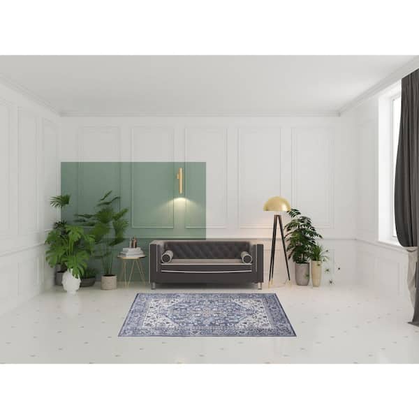 5' X 7' Gray Ivory and Blue Floral Power Loom Distressed Washable Area Rug