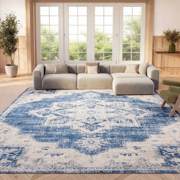 Brentwood 10 ft. x 10 ft. Square Ivory/Navy Floral Medallion Border Area Rug