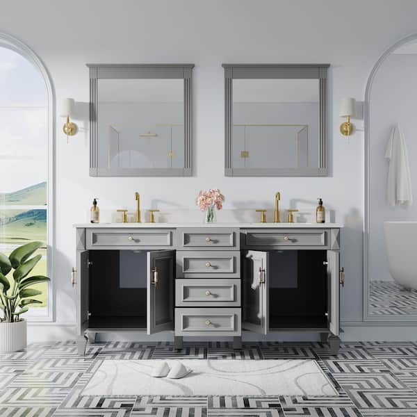 72 in. W x 22 in. D x 35 in. H Double Sink Bath Vanity in Gray w/Stain-Resistant Quartz Top, Soft-Close Drawer, 2-Mirror