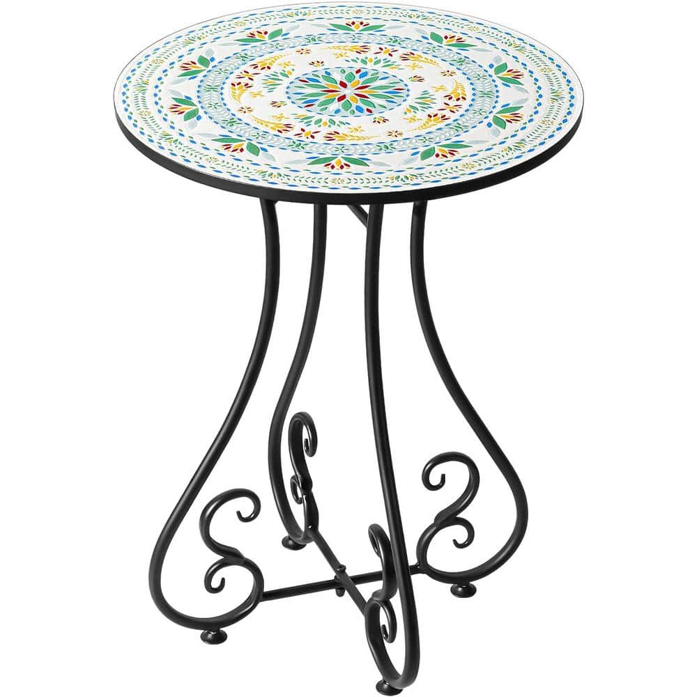 Natural Green Relief Ceramic Tile Tabletop with Metal Frame Round Outdoor S