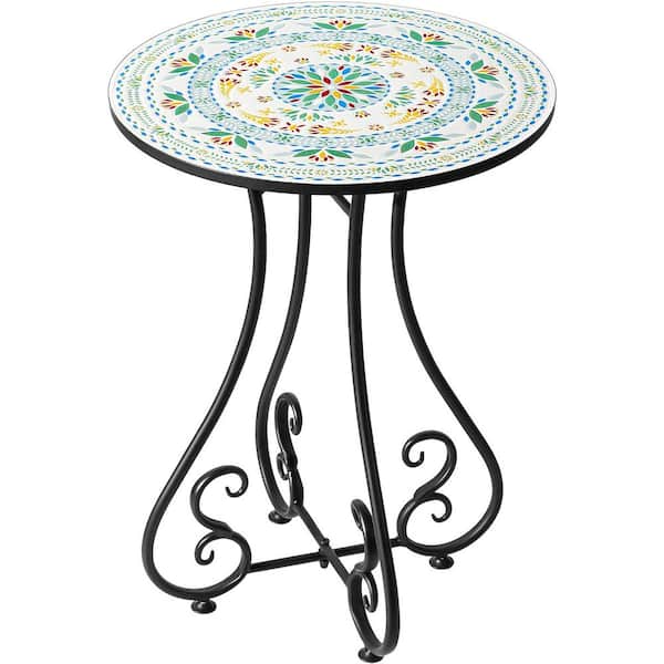 Unbranded Natural Green Relief Ceramic Tile Tabletop with Metal Frame Round Outdoor Side Table