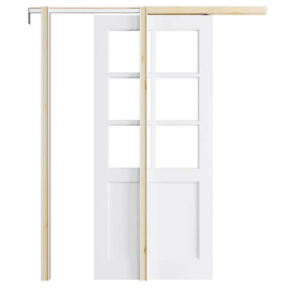 36 in. x 80 in. 6-Lite Clear Glass White Primed Wood Sliding Pocket Door with Pocket Door Frame and Hardware Kit