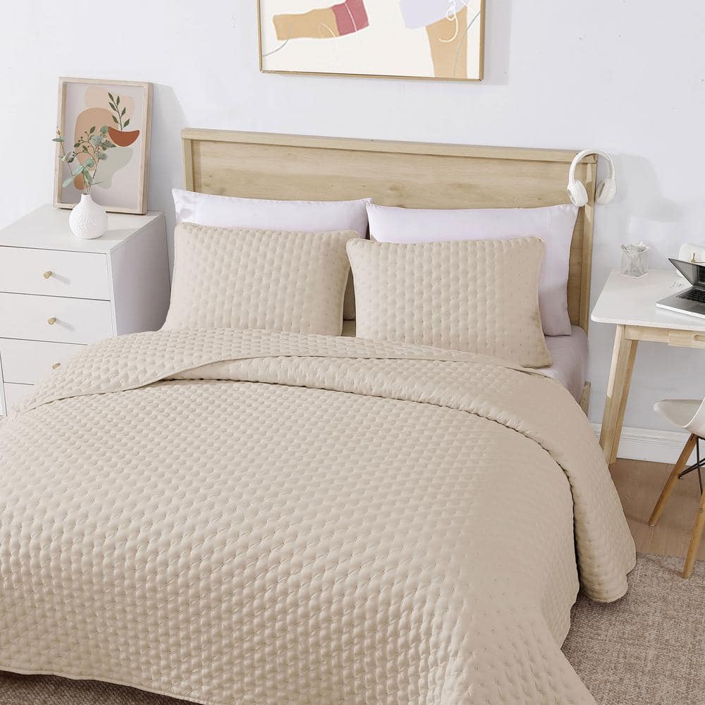 Beige Full Microfiber Bubble Quilt Set with Shams