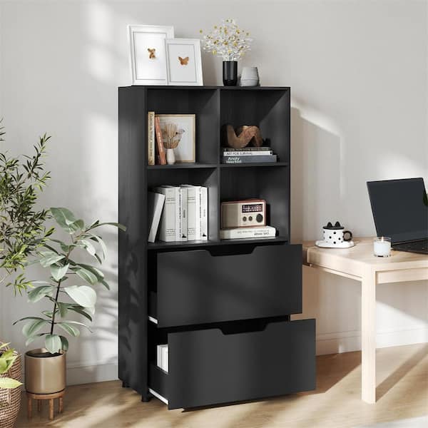51 in. Tall Black Engineered Wood 5-Shelf 4-Cube Engineered Wood Standard Bookcase with 2 Drawers