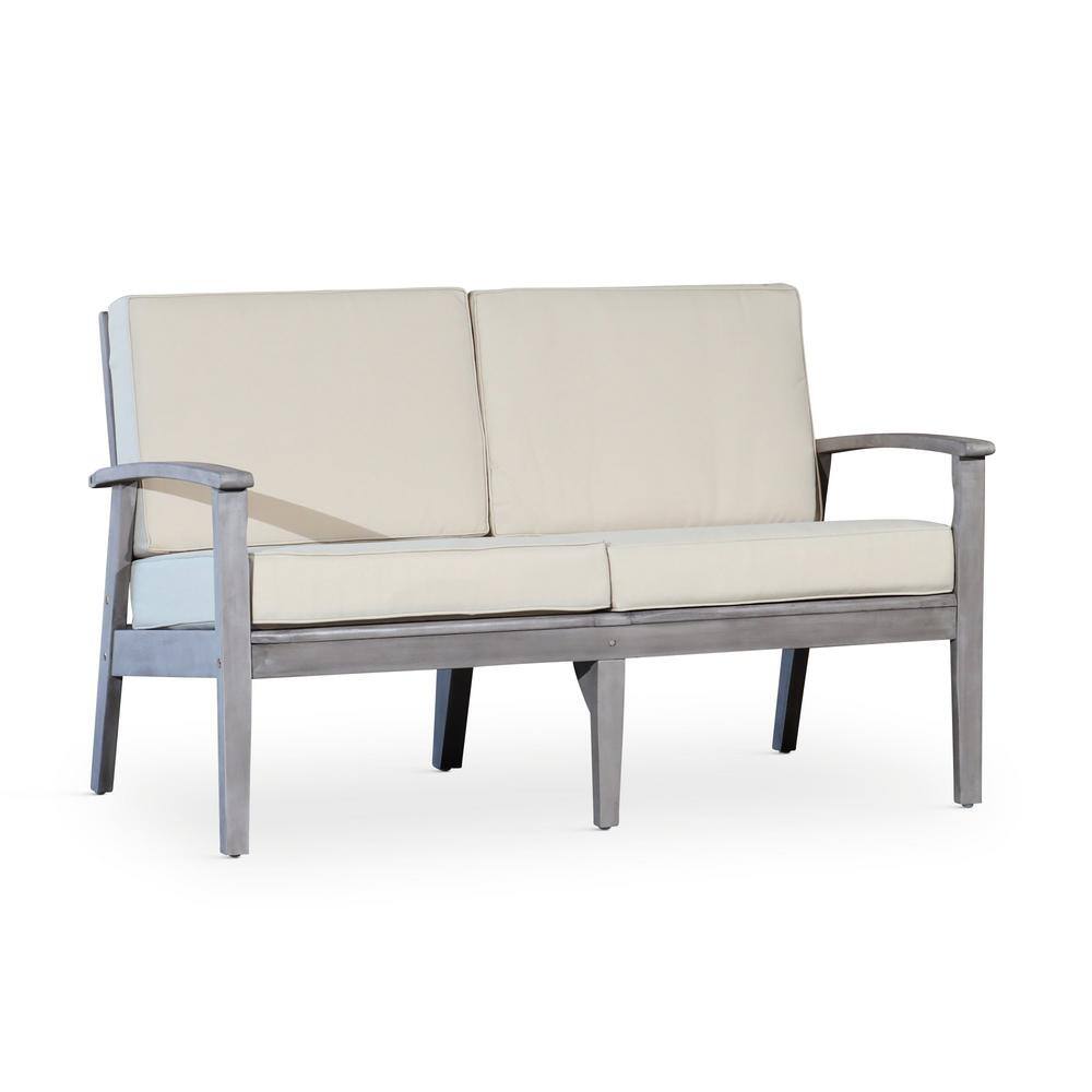 Silver Gray Eucalyptus Wood Outdoor Loveseat with Sand Cushions