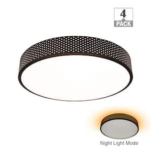 15.5 in. Black Round LED Flush Mount with Perforated Design and Night Light Feature Adjustable CCT 1600 Lumens (4-Pack)