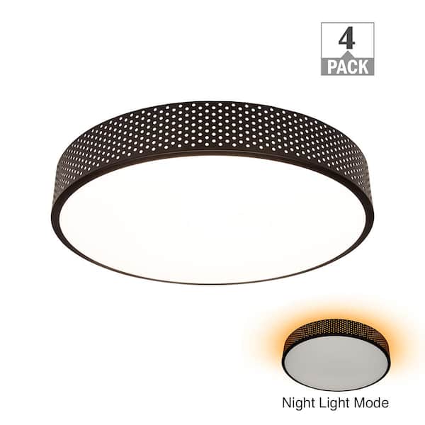 15.5 in. Black Round LED Flush Mount with Perforated Design and Night Light Feature Adjustable CCT 1600 Lumens (4-Pack)