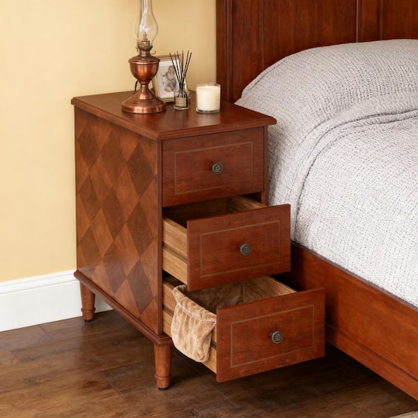 Solid Wood 25.6 in. H x 23.6 in. W Brown Mid-Century Nightstand, 3-Drawer Classic Side Table for Bedroom, Living Room