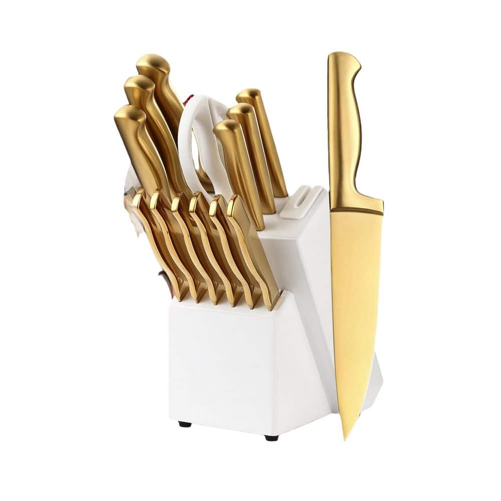 Wudkey 15-Piece Gold German Stainless Steel Forged Kitchen Knife Set with Knife Block Built-in Sharpener for Kitchen Cooking KM9S92_9