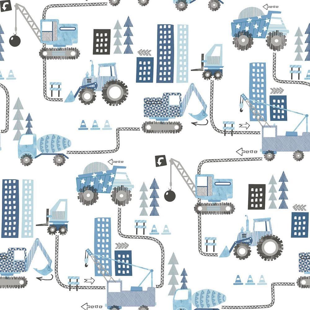 Tiny Tots 2-Collection Blue/Black/White Matte Kids Construction Trucks Paper Non-Pasted Non-Woven Wallpaper Roll