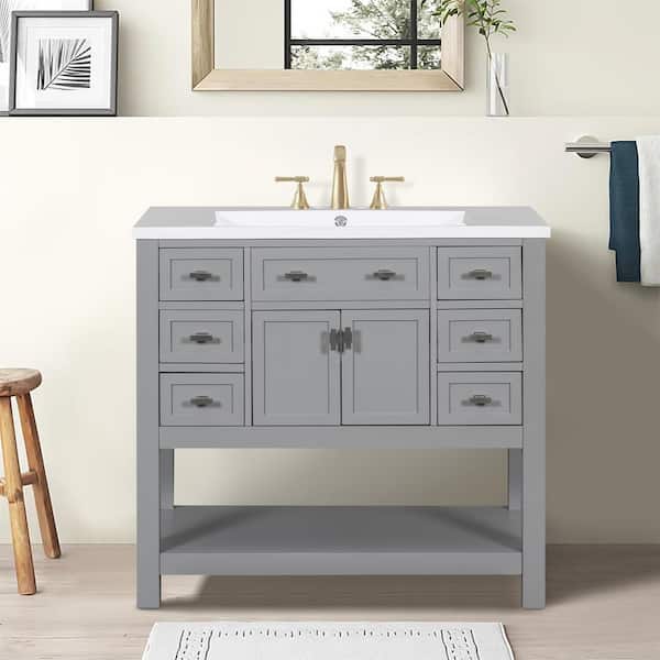 ANGELES HOME 36 in. W x 18 in. D x 34.1 in. H Single Sink Bath Vanity in Grey with White Resin Top, 2 Soft Closing Doors, 6 Drawers