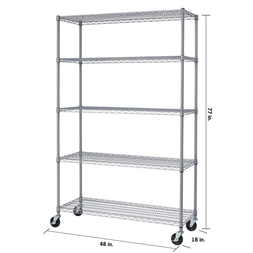 Gray Adjustable 5-Tier Steel Wire Shelving Unit with Wheels