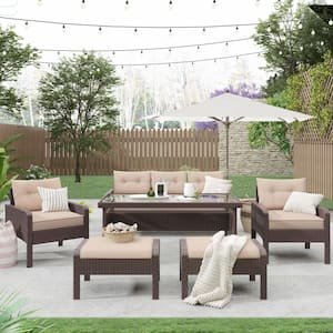 6-Piece Wicker Outdoor Dining Set with Light Coffee Cushion and Tempered Glass Tea Table for Backyard, Poolside, Deck