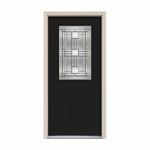 JELD-WEN 32 in. x 80 in. 1/2 Lite Cordova Black Painted Steel Prehung Left-Hand Inswing Front Door w/Brickmould