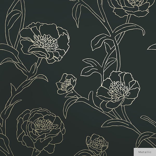 Black and Metallic Gold Peonies Vinyl Peel and Stick Wallpaper Roll (Covers 56 sq. ft.)