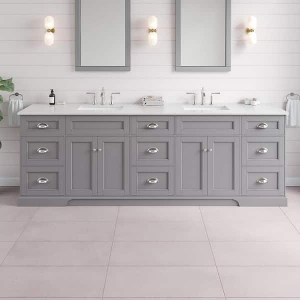 Epic 96 in. Double Sink Gray Bath Vanity with White Carrara Quartz Top (Assembled)