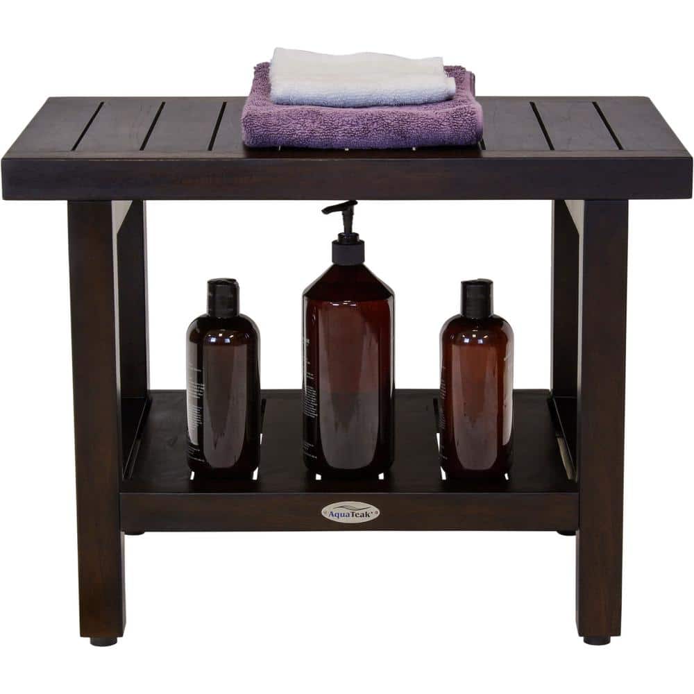 24" Mocha Teak Wood Spa Shower Bench with Shelf