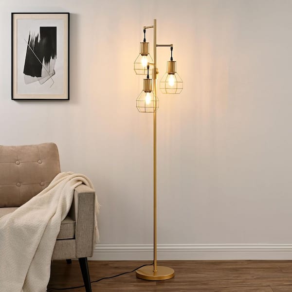 65 in. Gold Metal 3-Light Dimmable Tree Floor Lamp for Living Room with Metal Cage Shade 3-Bulbs Included