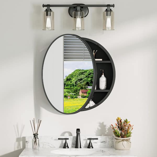 24 in. W x24 in. H Round Black Metal Framed Surface Mount Medicine Cabinet with Mirror