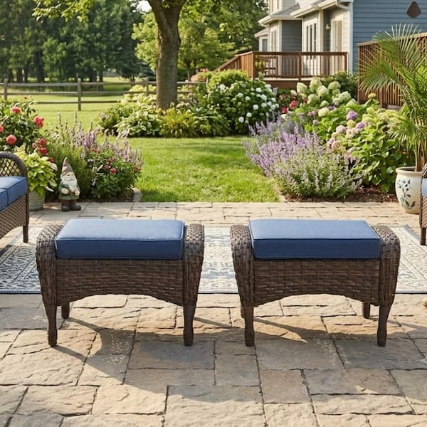 SleekArm Brown Wicker Outdoor Ottoman with Blue Cushions for Patio Furniture PE Resin Footrest (Set of 2)