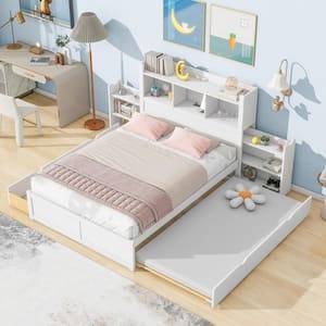 White Wood Frame Full Size Platform Bed with Storage Headboard, Pull-Out Shelves, Twin Size Trundle, 2-Drawer, USB Ports