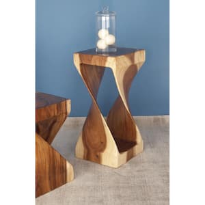 12 in. Brown Handmade Large Square Wood End Accent Table with Spiral Base