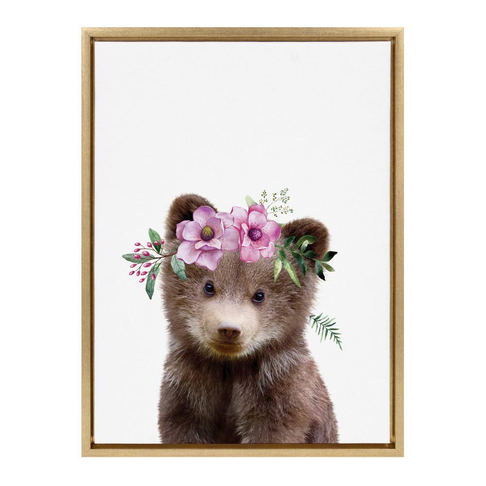 Bright Gold Framed Canvas Print of Flower Crown Bear for Nursery