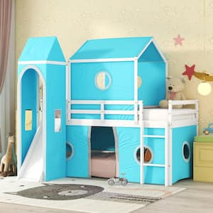 Blue Twin Size Wood Bunk Bed with Slide, Tent, Tower and Ladder