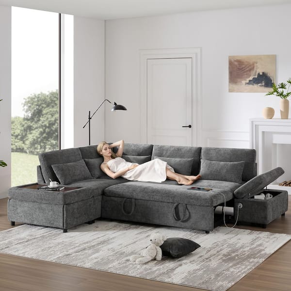 Luxury Collection 107 in. Chenille Grey Twin Size Modular Sofa Bed with Storage Ottoman and Charging Station