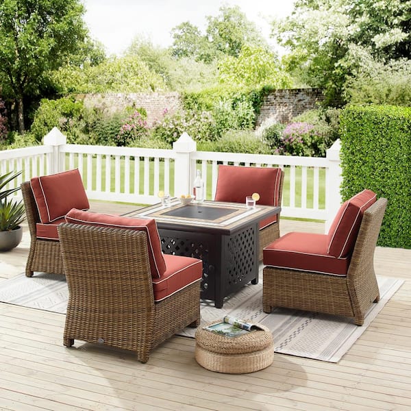 Crosley Furniture Bradenton Weathered Brown 5 Piece Wicker Patio Fire Set With Sangria Cushions Ko70206wb Sg The Home Depot Wicker Patio Fire Set With Sangria, Outdoor Furniture Charleston Sc