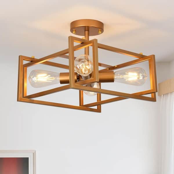 TinHon 15 in. Gold Modern 4-Light Close to Ceiling Light, Semi Flush ...