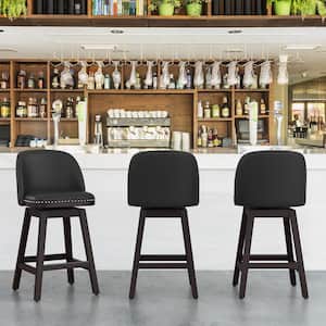 26 in. Black Wood Frame Swivel Cushioned Bar Stool with Faux Leather, Swivel Counter Stool (Set of 3)