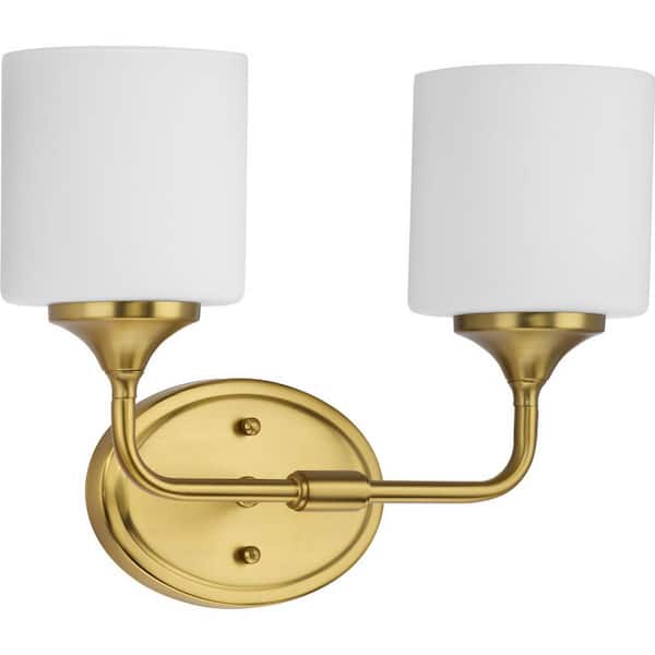 Progress Lighting Lynzie Collection 14.5 in. 2-Light Brushed Gold Etched Opal Glass Modern Bath Vanity Light