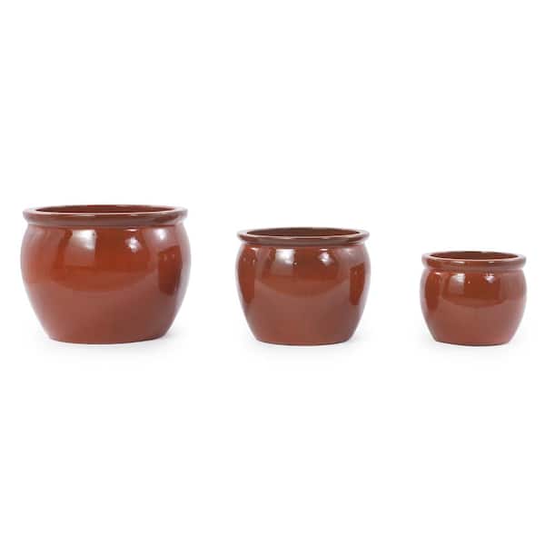 Handmade Rust-Red Ceramic Outdoor Planter Set with Drainage Holes(Set of 3)