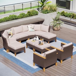 Brown Rattan Wicker 11-Seat 11-Piece Steel Outdoor Patio Conversation Set with Beige Cushions