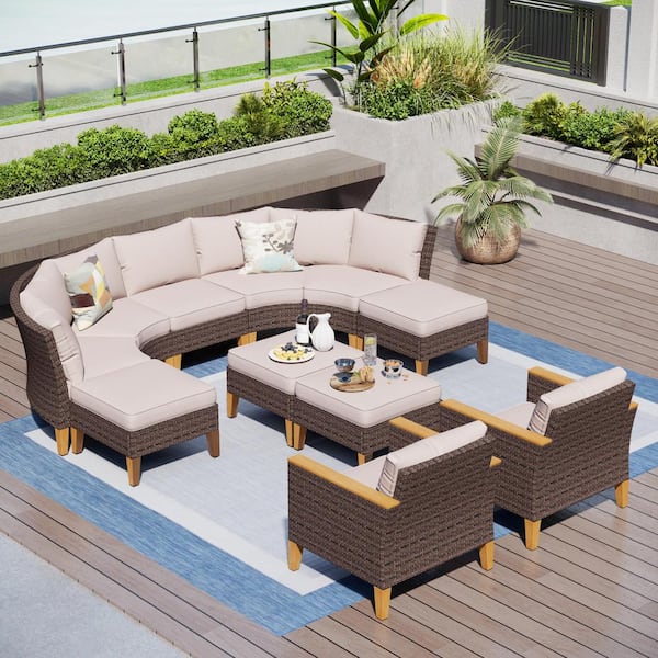 PHI VILLA Brown Rattan Wicker 11-Seat 11-Piece Steel Outdoor Patio ...