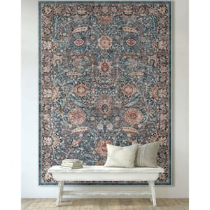 Asha Liana Vintage Oriental Teal 7 ft. 7 in. x 9 ft. 10 in. Machine Washable Area Rug