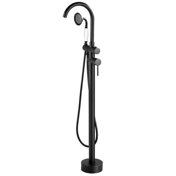 1-Handle Floor Mount Freestanding Tub Faucet Bathtub Filler with Hand Shower in Matte Black