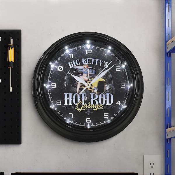 Big Betty's Hot Rod Garage Pinup Girl LED Wall Clock-Ratrod Decor 12 in.